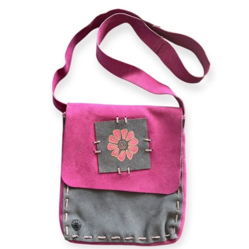 Hand Sewn Suede Pink & Grey Boho Crossbody Bag Painted Flower by tribu
